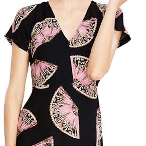 Ann Taylor Dancing Fan V-Neck Fit and Flare Midi Dress